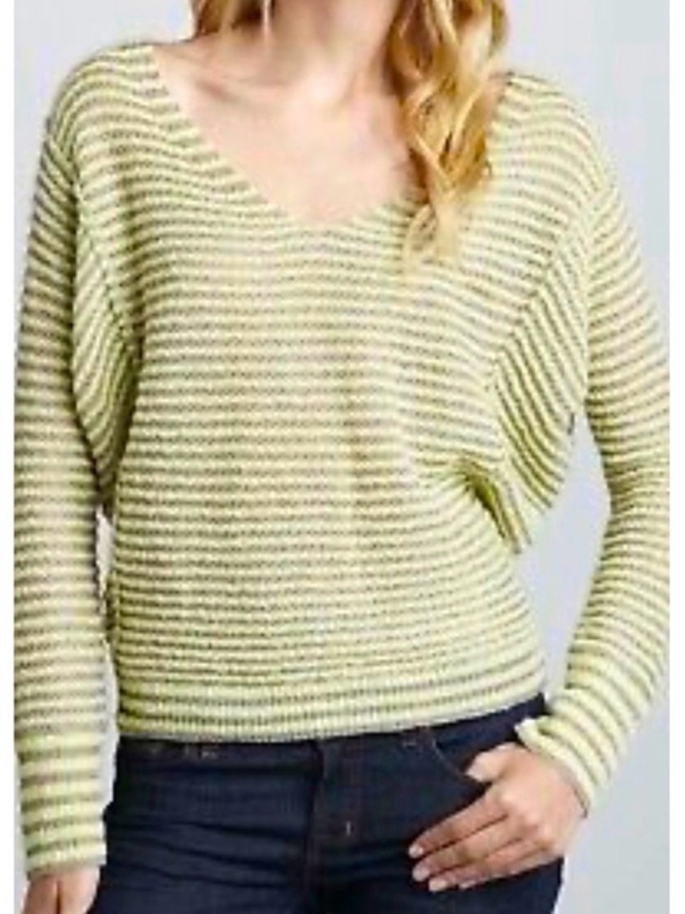 Free People Pale Green & Gray Striped V-Neck Sweater